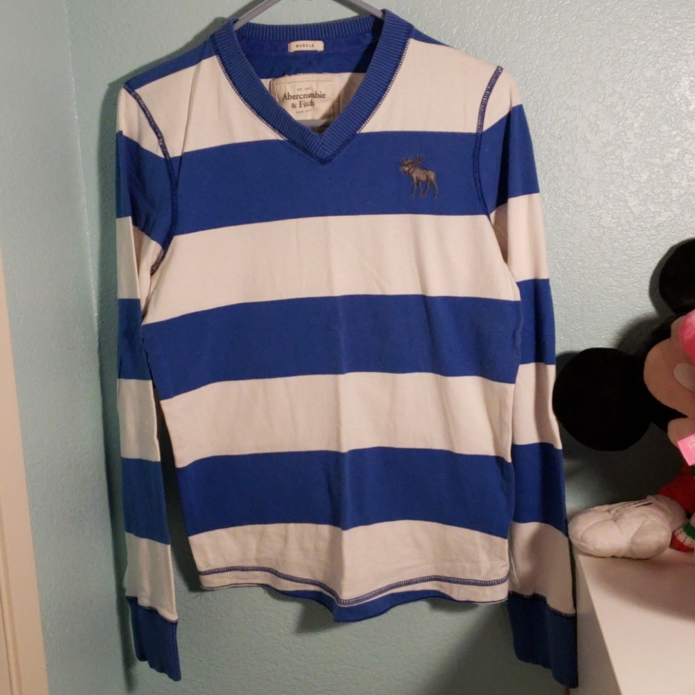 Blue and white striped V-neck crew